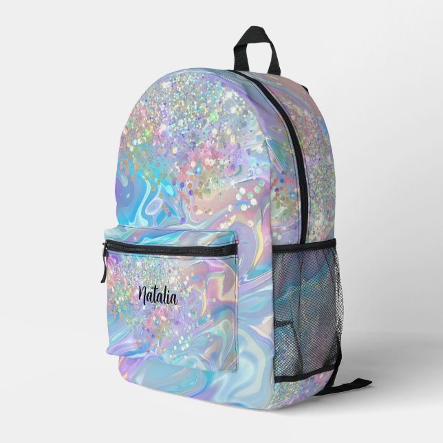 Modern Elegant Holographic Glitter Irediscent Blue Printed Backpack (Back Corner Right)