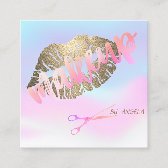 Modern Elegant Holographic Glittery Lips,Scissors Square Business Card (Front)