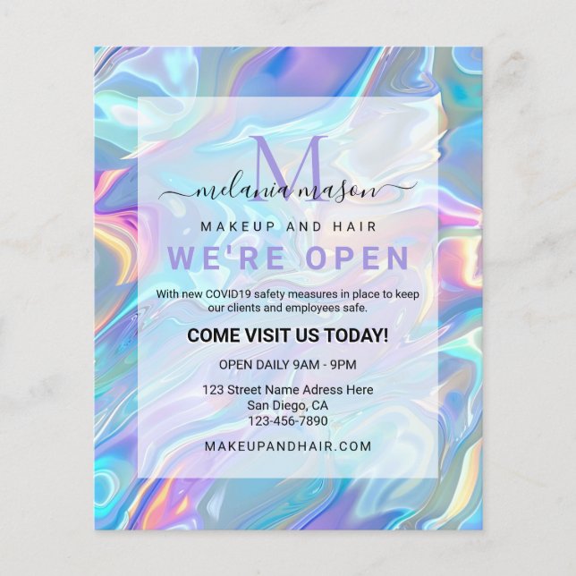 Modern Elegant Holographic Irediscent Blue Flyer (Front)