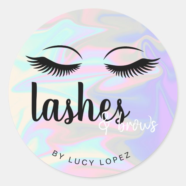 Modern elegant holographic lashes & brows classic round sticker (Front)