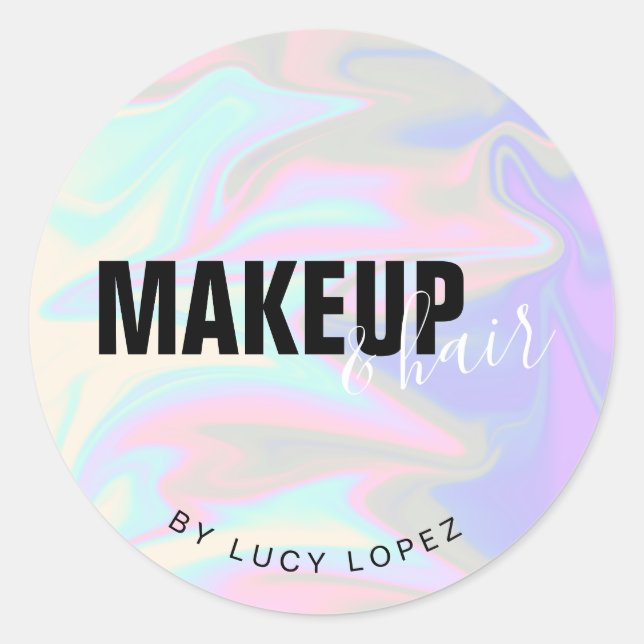 Modern elegant holographic makeup & hair classic round sticker (Front)