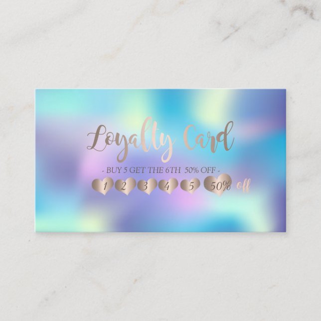 Modern Elegant Holographic, Rose Gold Hearts Loyalty Card (Front)