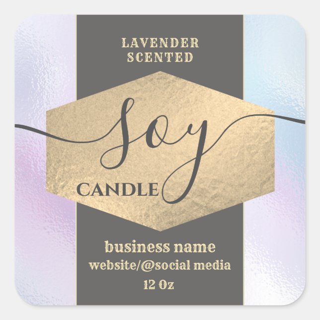 Modern elegant holographic soy candle label (Front)