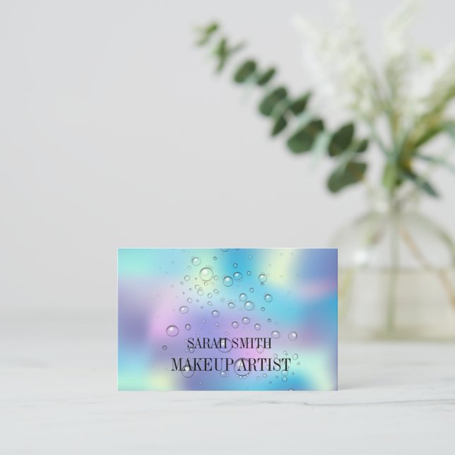 Modern elegant holographic, water drops business c business card (Standing Front)