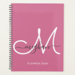 Modern Elegant Hot Pink White Script Monogram 2022 Planner<br><div class="desc">Modern, trendy girly hot pink and white script custom personalised name and monogrammed planner. This simple elegant design features a first name template in cursive hand lettering font with swashes in grey and a huge hand-written monogram initial script in white colour on hot pink, or deep pink background. This feminine,...</div>