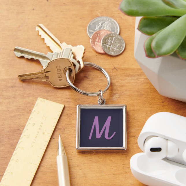 Modern Elegant Indigo Blue and Lavender Monogram Key Ring (Desk)