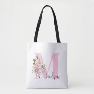 Modern Elegant Initial Name Pink Floral Monogram Tote Bag