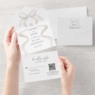 Modern Elegant Ivory Beige Bow Monogram Wedding All In One Invitation