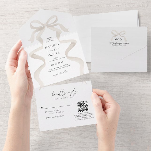 Modern Elegant Ivory Beige Bow Monogram Wedding All In One Invitation (Creator Uploaded)