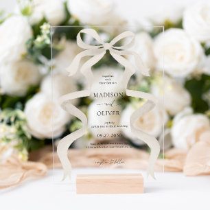 Modern Elegant Ivory Beige Bow Ribbon Wedding Acrylic Invitations