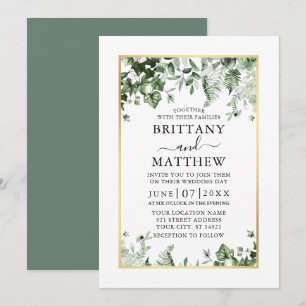 Modern Elegant Ivy Ferns Sage Green Gold Wedding Invitation