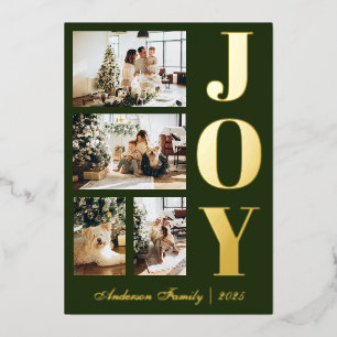 Modern Elegant Joy Christmas Four Photo Script Foil Holiday Card