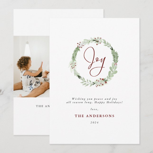 Modern Elegant Joy Christmas Wreath Photo Holiday Card (Front/Back)