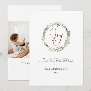 Modern Elegant Joy Christmas Wreath Photo Holiday Card