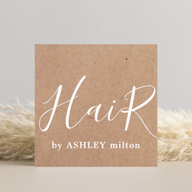 Modern Elegant Kraft Handwritten Hair Stylist Square Business Card (Creator Uploaded)
