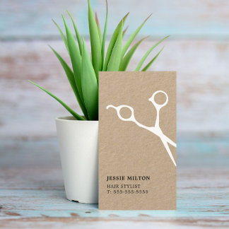 Modern Elegant Kraft White Scissor Hairstylist Business Card