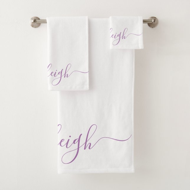 Modern Elegant Lavender Script Name White Bath Towel Set (Insitu)