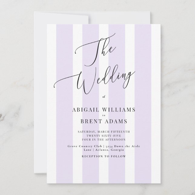 Modern & Elegant Lavender Stripe Wedding Invitation (Front)