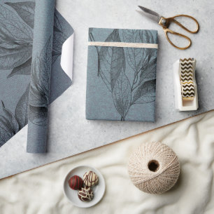 Modern Elegant Leaf Pattern On Deep Teal Fabric Wrapping Paper