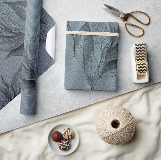 Modern Elegant Leaf Pattern On Deep Teal Fabric Wrapping Paper (Crafts)