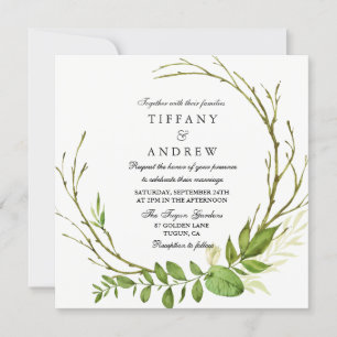 Modern Elegant Leaf Wreath Wedding Invite