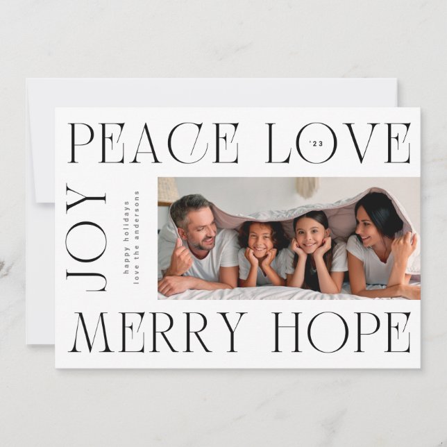 Modern Elegant Letters MERRY JOY PEACE LOVE photo Holiday Card (Front)