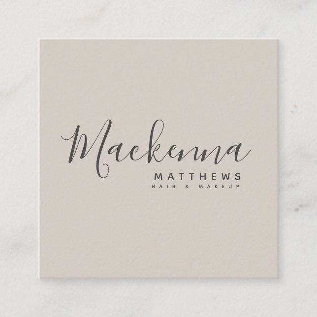 Modern Elegant Linen Beige Personalised Name Salon Square Business Card (Front)