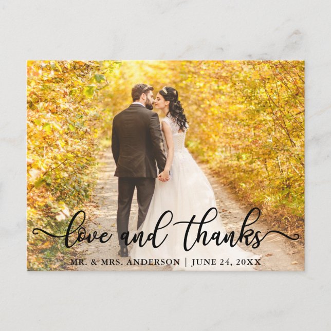 Modern Elegant Love and Thanks | Wedding Photo Postcard (Front)