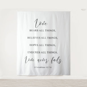 Modern Elegant “Love Never Fails” Wedding Backdrop Tapestry