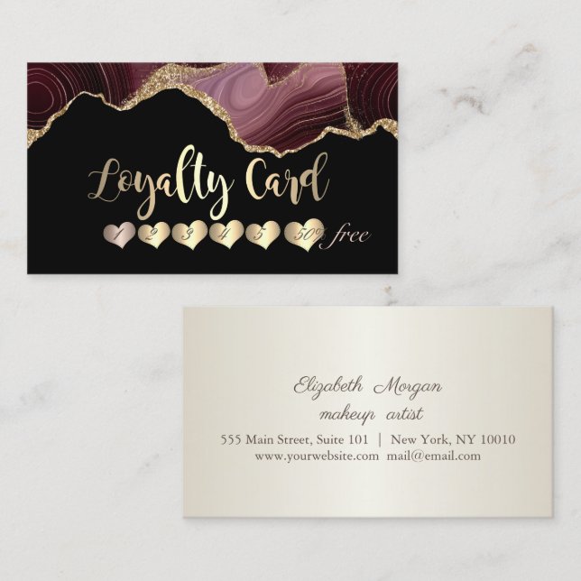 Modern Elegant, Luminous, Hearts Burgundy Agate Loyalty Card (Front/Back)