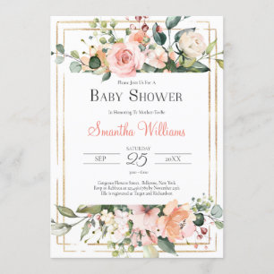 Modern elegant lush florals boho and gold baby invitation