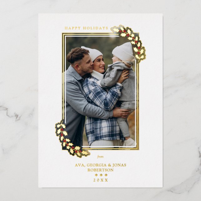 Modern Elegant Luxury Golden Holly Branches Foil Holiday Card (Front)