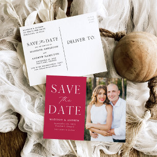 Modern Elegant Magenta Photo Save the Date Announcement Postcard