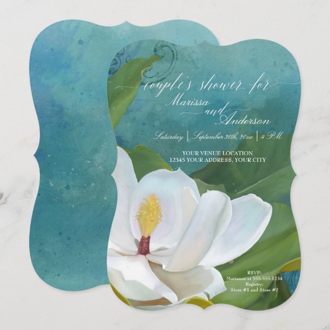 Modern Elegant Magnolia Floral Blue Couples Shower Invitation (Front/Back)