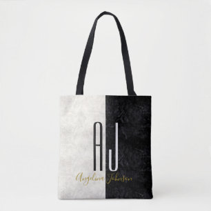 Modern Elegant Marble Black and White Monogram Tote Bag