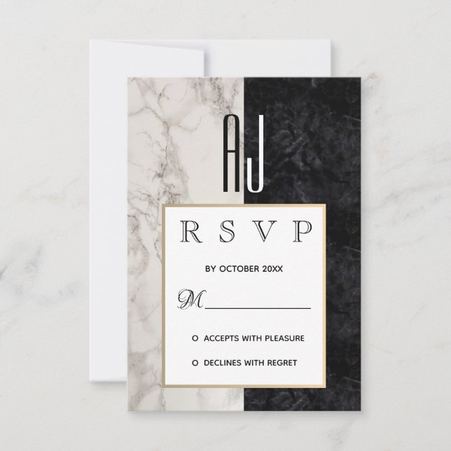 Modern Elegant Marble Black White & Gold Wedding RSVP Card (Front)