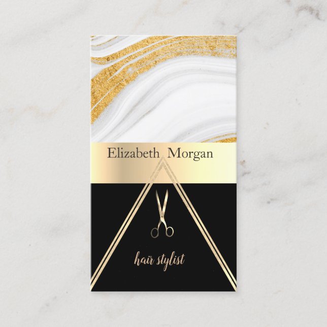 Modern Elegant Marble Gold Black,Scissors Business Card (Front)