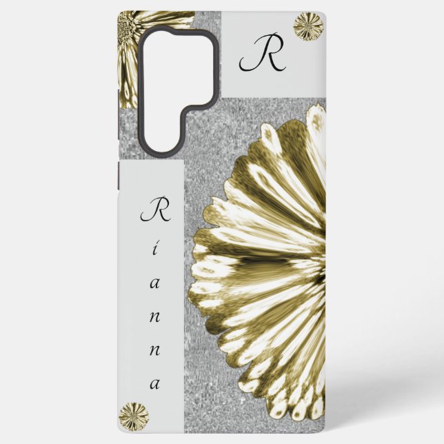 Modern Elegant Marbled Diamond Flower Gold Samsung Galaxy S22 Ultra Case (Back)