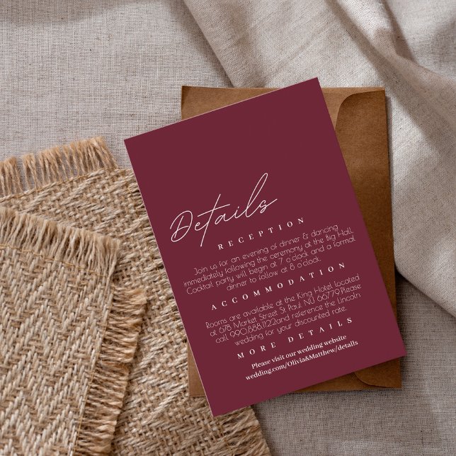 Modern & elegant Maroon Wedding Details  Enclosure Card (Creator Uploaded)