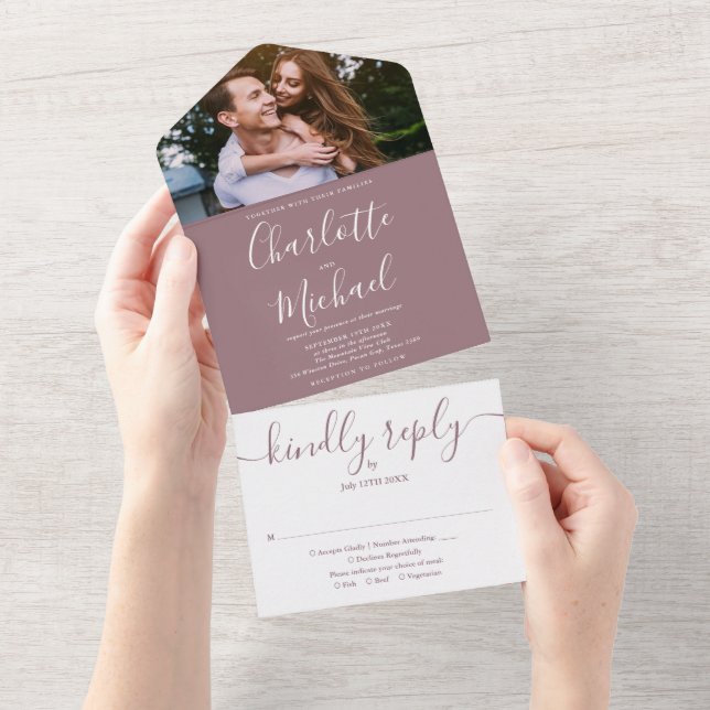 Modern Elegant Mauve Script Photo Wedding All All In One Invitation (Tearaway)