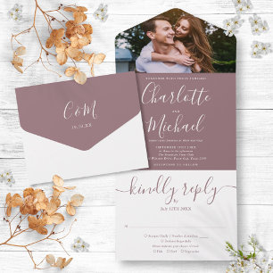 Modern Elegant Mauve Script Photo Wedding All All In One Invitation