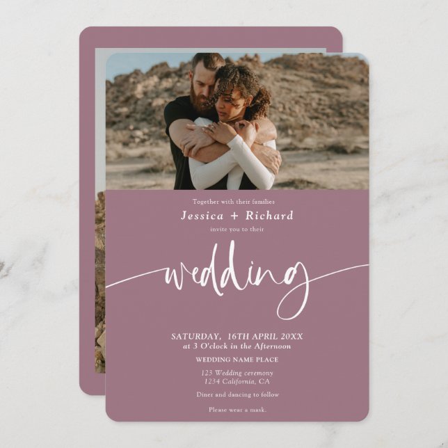 Modern elegant mauve wedding script photos invitation (Front/Back)