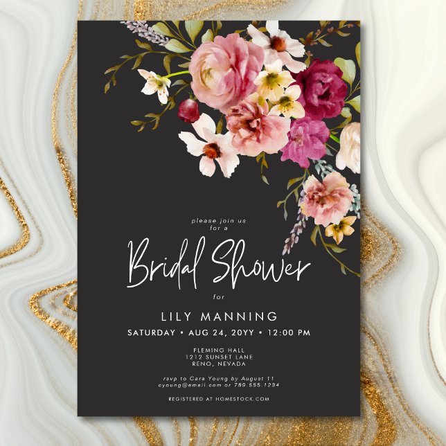 Modern Elegant Meadow Floral Black Bridal Shower Invitation (Modern Elegant Meadow Floral Black Bridal Luncheon Invitation)