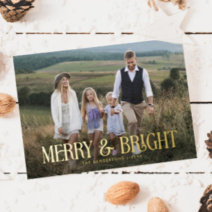 Modern Elegant Merry & Bright Christmas Photo Foil Holiday Card