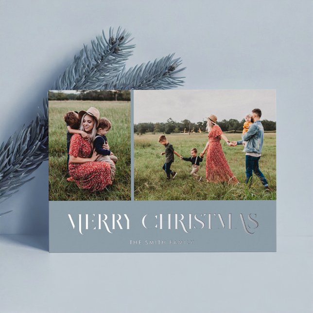 Modern Elegant Merry Christmas 2 Photo Foil Holiday Card (Creator Uploaded)