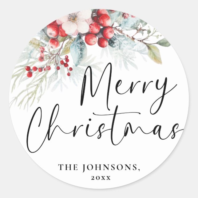 Modern Elegant Merry Christmas Calligraphy Script Classic Round Sticker (Front)