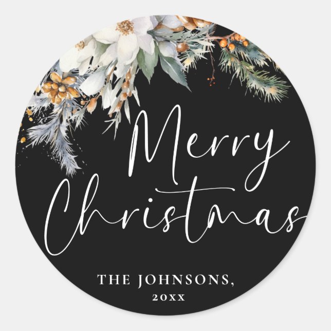 Modern Elegant Merry Christmas Custom Botanical Classic Round Sticker (Front)