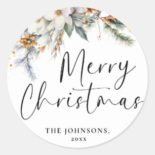 Modern Elegant Merry Christmas Custom Dark Green Classic Round Sticker