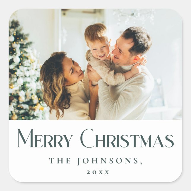 Modern Elegant Merry Christmas Custom Dark Green Square Sticker (Front)