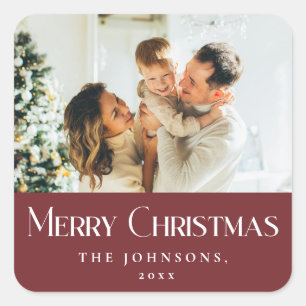 Modern Elegant Merry Christmas Custom Red Square Sticker